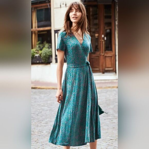 Boden Cassia Teal Speckle V-Neck Short Sleeve Jersey Knit Fit & Flare Wrap Dress - Picture 12 of 15